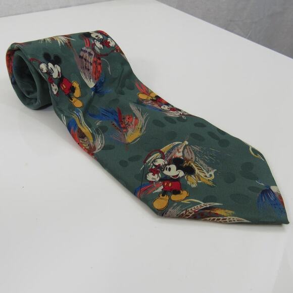 The Disney Store 100 Silk Mickey Mouse Tie Fly Fishing Graphic on Green Teal - Picture 6 of 7